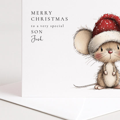 Personalised Christmas Card for Son , Cute Mouse in Santa Hat , Custom Name Card