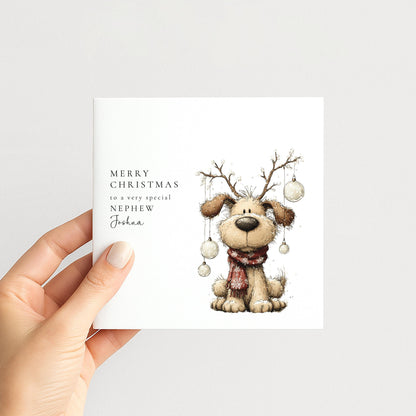 Personalised Christmas Card for Nephew , Cute Dog with Bauble Antlers , Custom Name Card