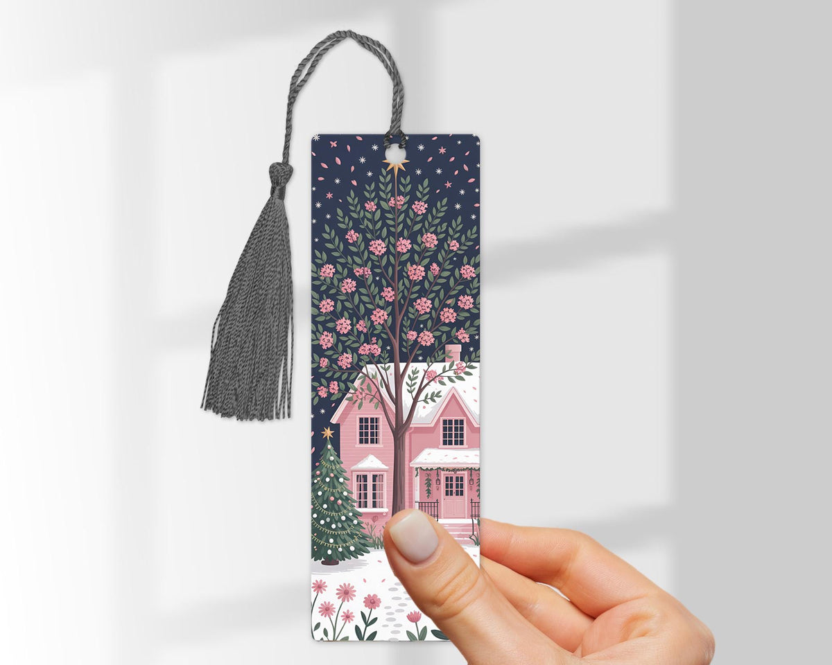 Winter Bookmark , Whimsical Pink House with Blossom Tree , Laminated Bookmark with Tassel , Book Lover Gift