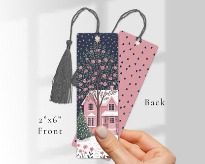 Winter Bookmark , Whimsical Pink House with Blossom Tree , Laminated Bookmark with Tassel , Book Lover Gift