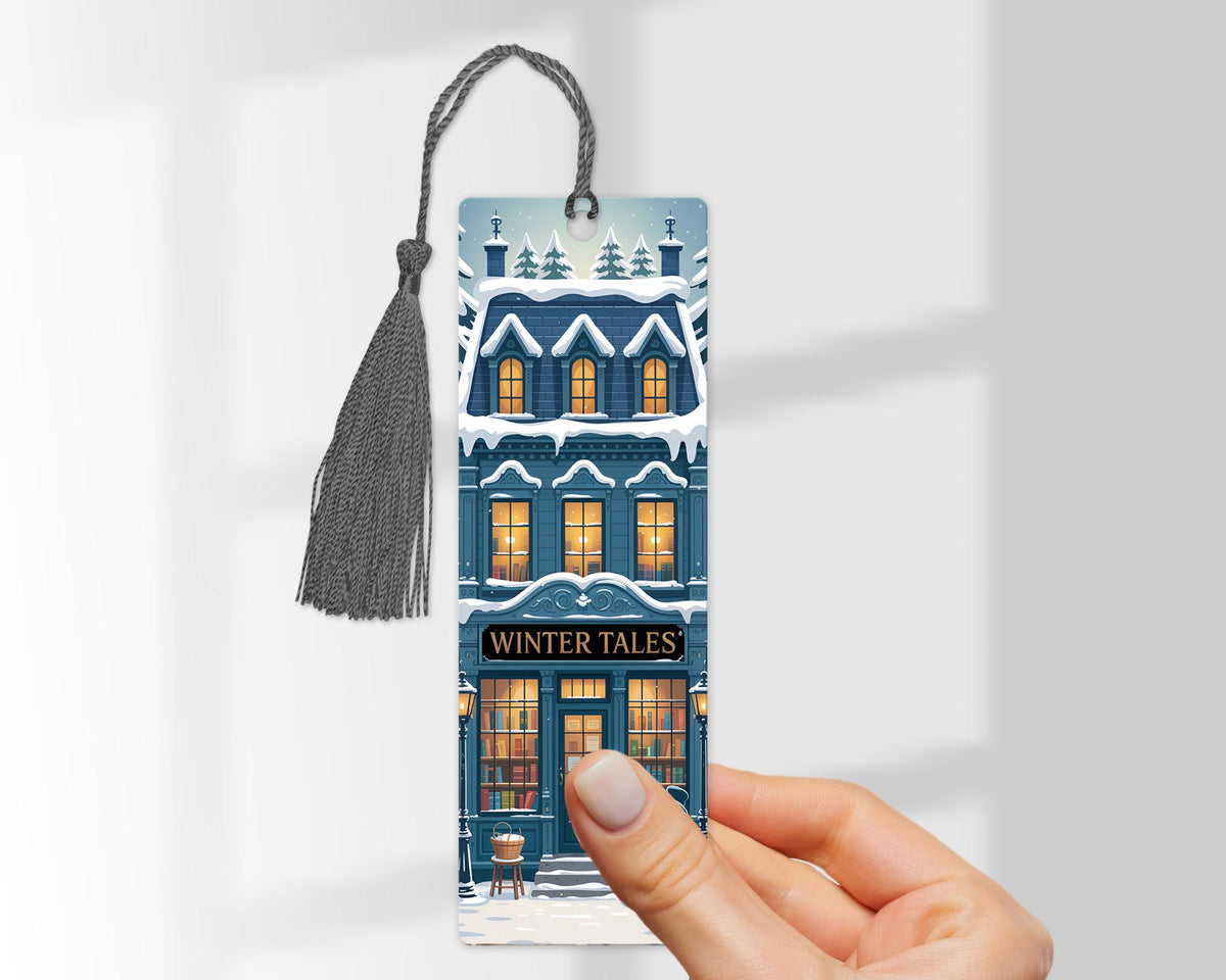 Book Lover Bookmark , Winter Tales Bookshop Illustration , Laminated Bookmark with Tassel , Reader Gift