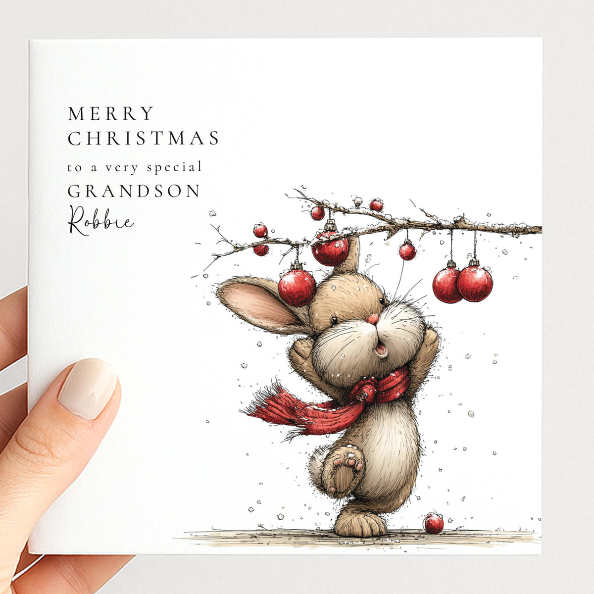 Personalised Christmas Card for Grandson , Cute Bunny with Baubles , Custom Name Card