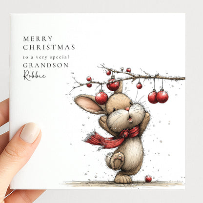 Personalised Christmas Card for Grandson , Cute Bunny with Baubles , Custom Name Card