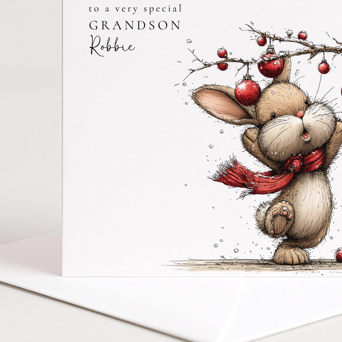 Personalised Christmas Card for Grandson , Cute Bunny with Baubles , Custom Name Card
