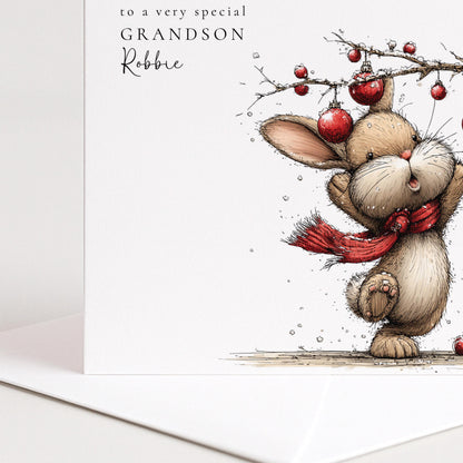 Personalised Christmas Card for Grandson , Cute Bunny with Baubles , Custom Name Card