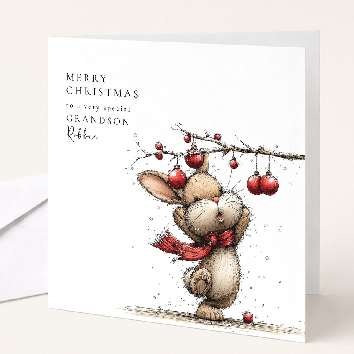 Personalised Christmas Card for Grandson , Cute Bunny with Baubles , Custom Name Card