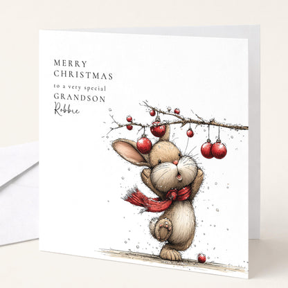 Personalised Christmas Card for Grandson , Cute Bunny with Baubles , Custom Name Card