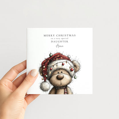 Personalised Christmas Card for Daughter , Cute Teddy Bear in Santa Hat with Fairy Lights , Custom Name Card