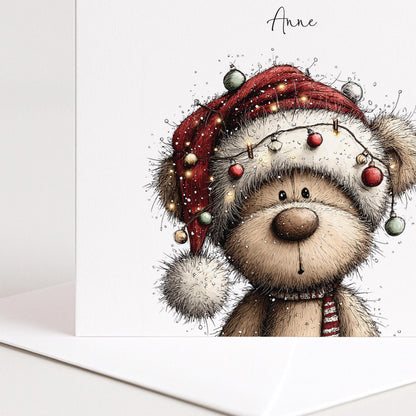 Personalised Christmas Card for Niece , Cute Teddy Bear in Santa Hat with Fairy Lights , Custom Name Card
