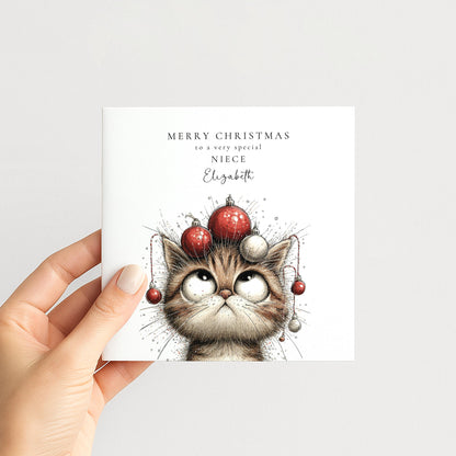 Funny Christmas Card for Niece , Grumpy Cat Balancing Baubles , Custom Name Card