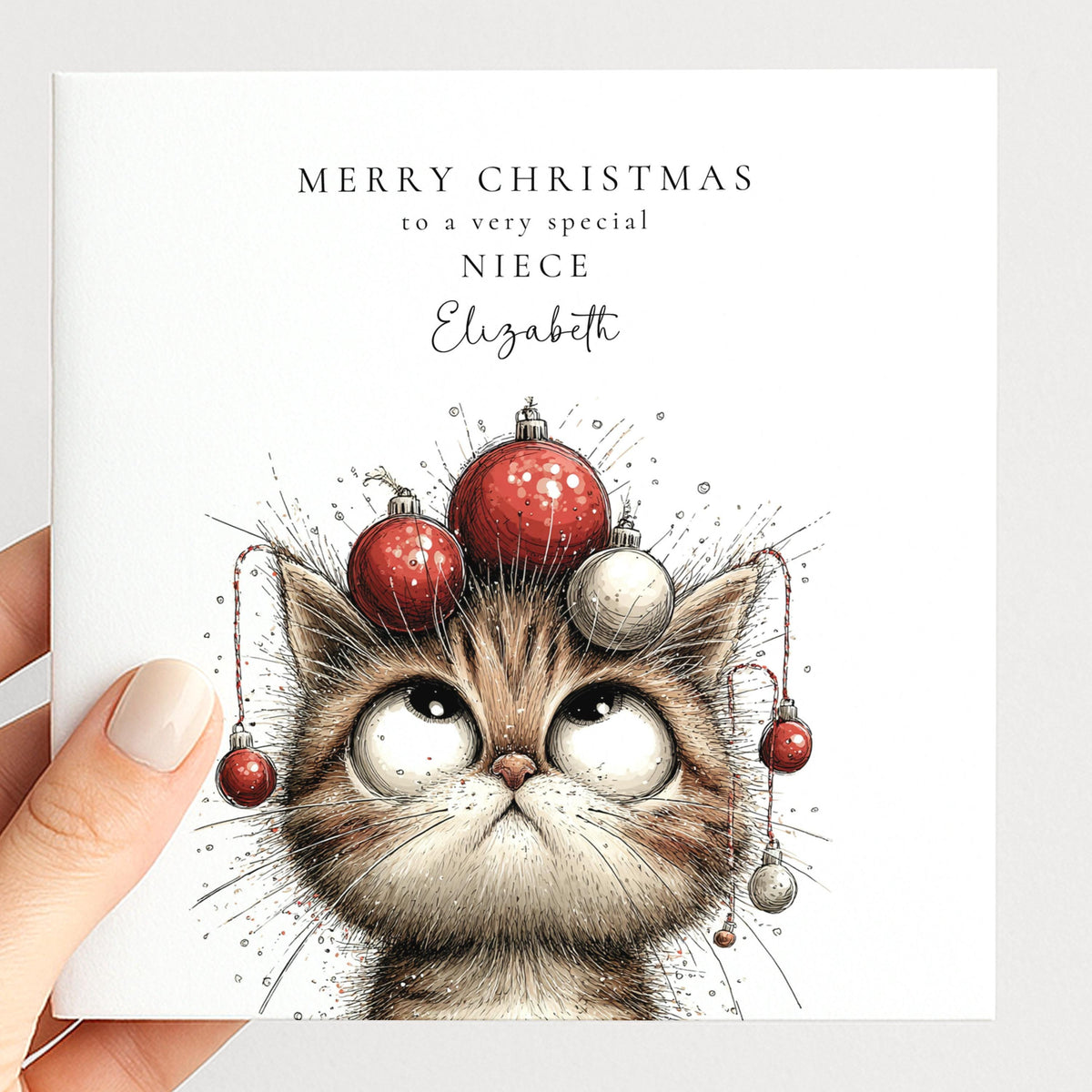 Funny Christmas Card for Niece , Grumpy Cat Balancing Baubles , Custom Name Card