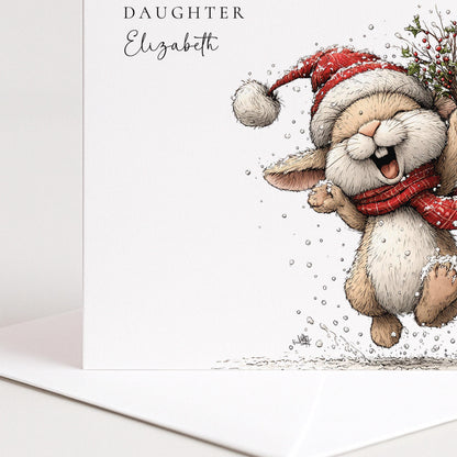 Personalised Christmas Card for Daughter , Joyful Bunny with Holly Bouquet , Custom Name Card