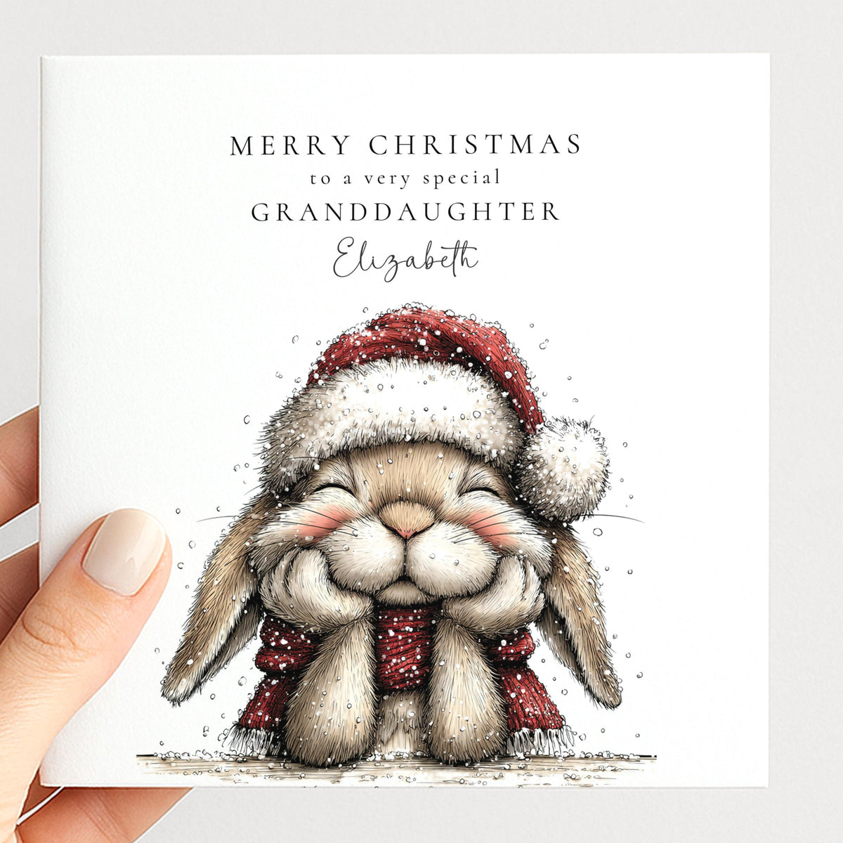 Personalised Christmas Card for Granddaughter , Cosy Bunny in Santa Hat , Custom Name Card