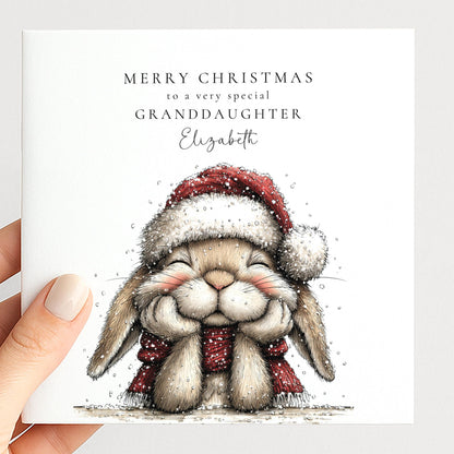 Personalised Christmas Card for Granddaughter , Cosy Bunny in Santa Hat , Custom Name Card