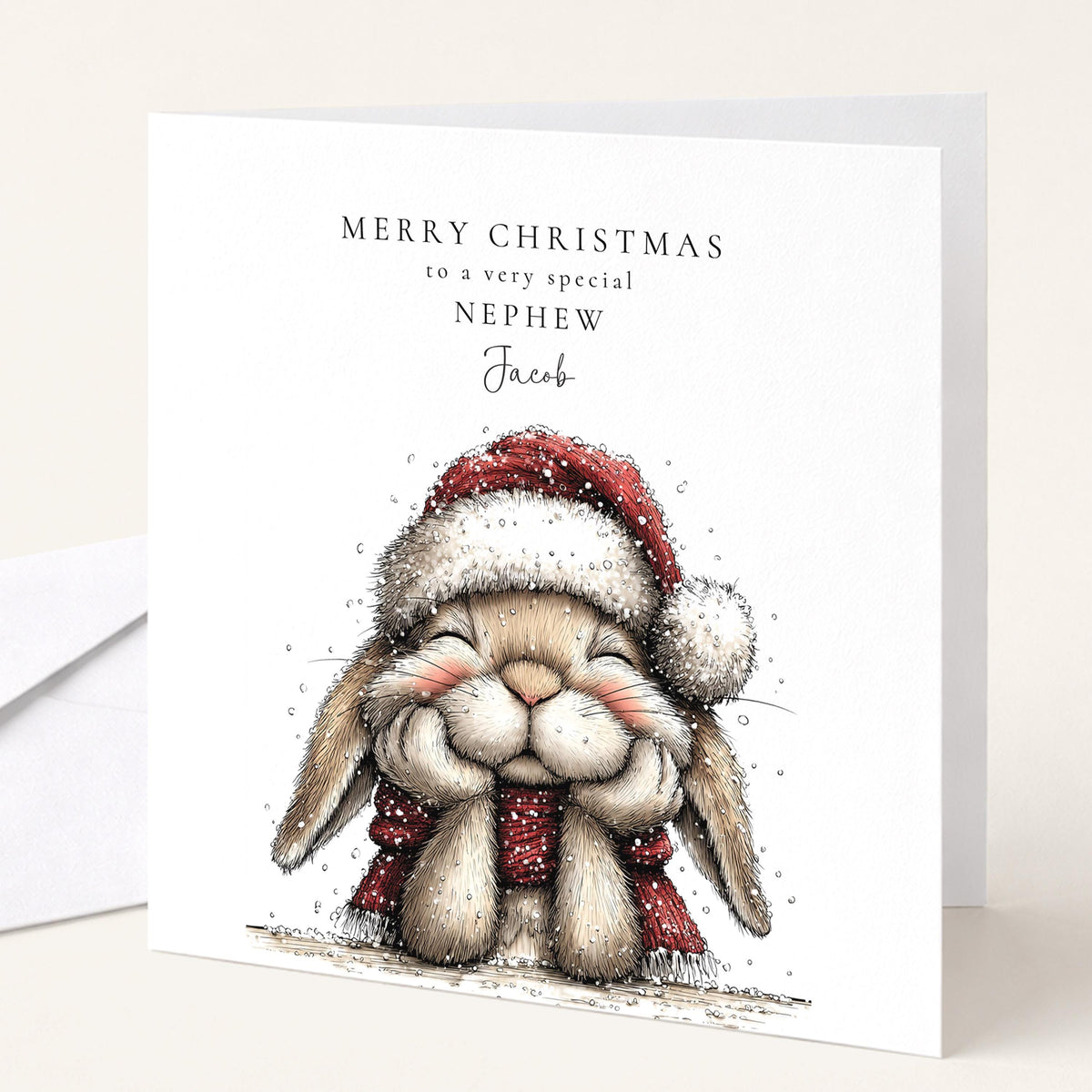 Personalised Christmas Card for Nephew , Cosy Bunny in Santa Hat , Custom Name Card