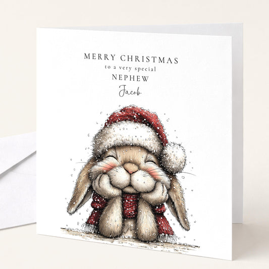 Personalised Christmas Card for Nephew , Cosy Bunny in Santa Hat , Custom Name Card