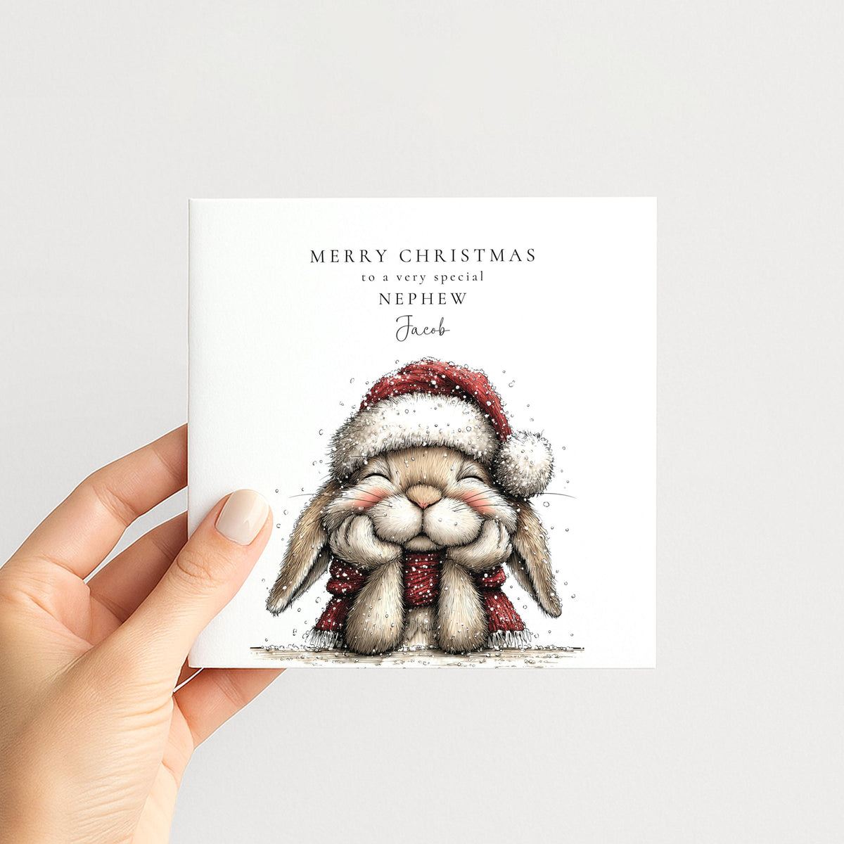 Personalised Christmas Card for Nephew , Cosy Bunny in Santa Hat , Custom Name Card