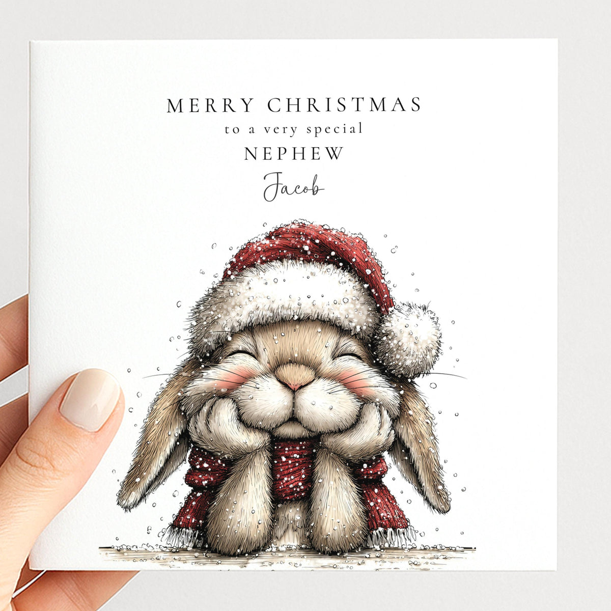 Personalised Christmas Card for Granddaughter , Cute Bunny with Fairy Lights , Custom Name Card