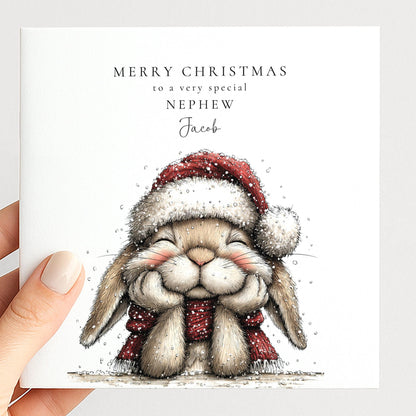 Personalised Christmas Card for Granddaughter , Cute Bunny with Fairy Lights , Custom Name Card