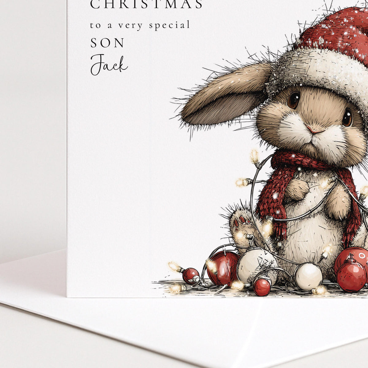Personalised Christmas Card for Son , Cute Bunny with Fairy Lights , Custom Name Card