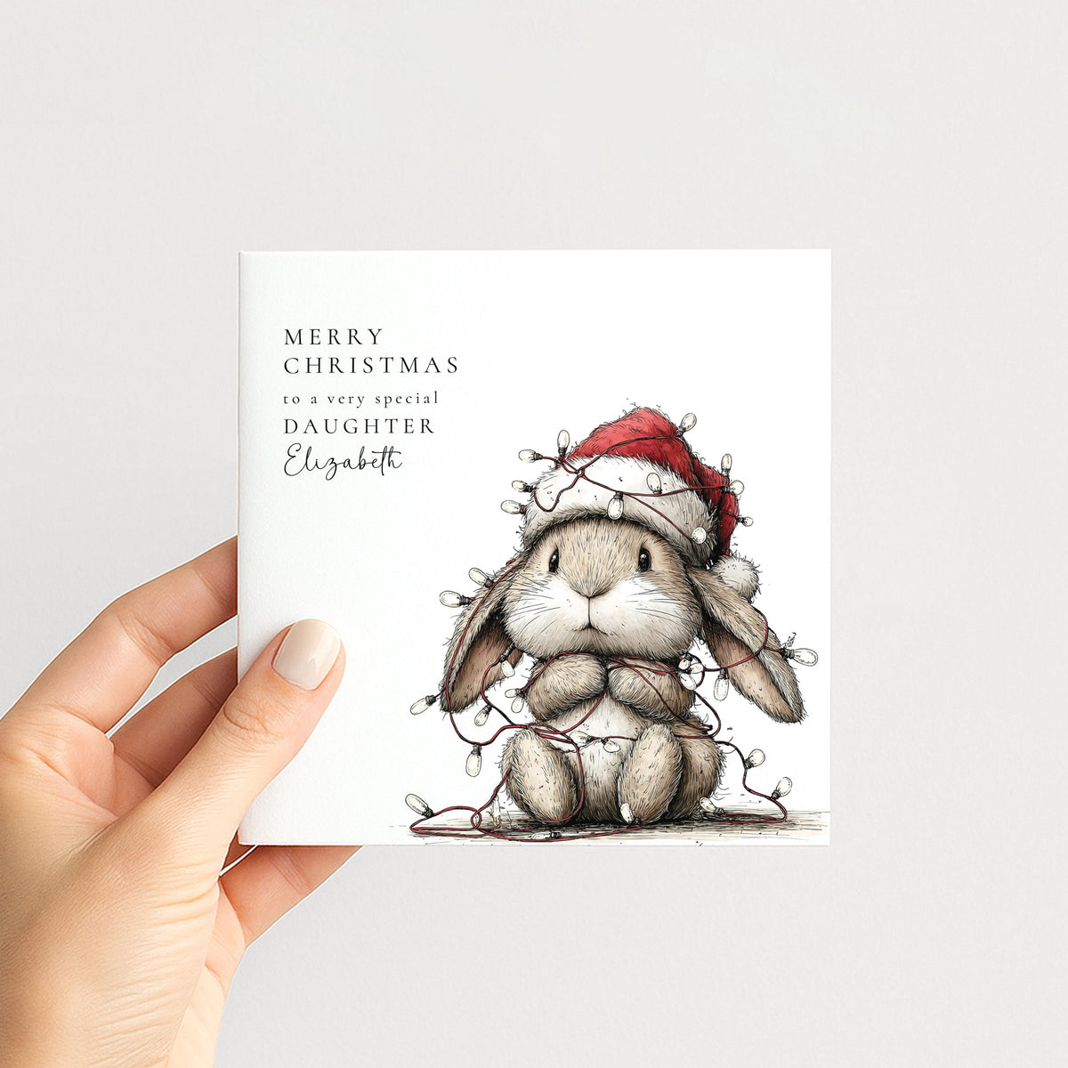 Funny Christmas Card for Daughter , Bunny Tangled in Fairy Lights , Custom Name Card