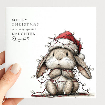 Funny Christmas Card for Daughter , Bunny Tangled in Fairy Lights , Custom Name Card
