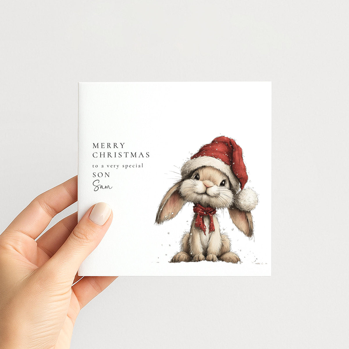 Personalised Christmas Card for Son , Cute Bunny in Santa Hat , Custom Name Card