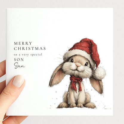 Personalised Christmas Card for Son , Cute Bunny in Santa Hat , Custom Name Card