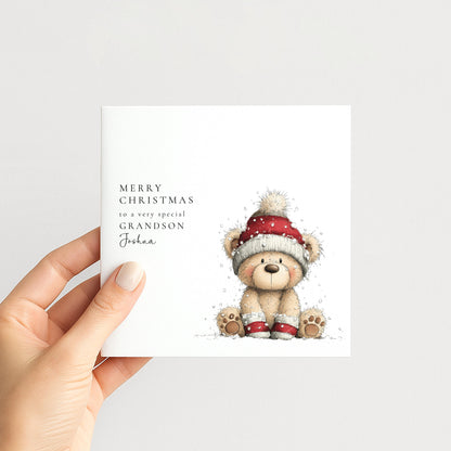 Personalised Christmas Card for Grandson , Cute Teddy Bear in Snow , Custom Name Card