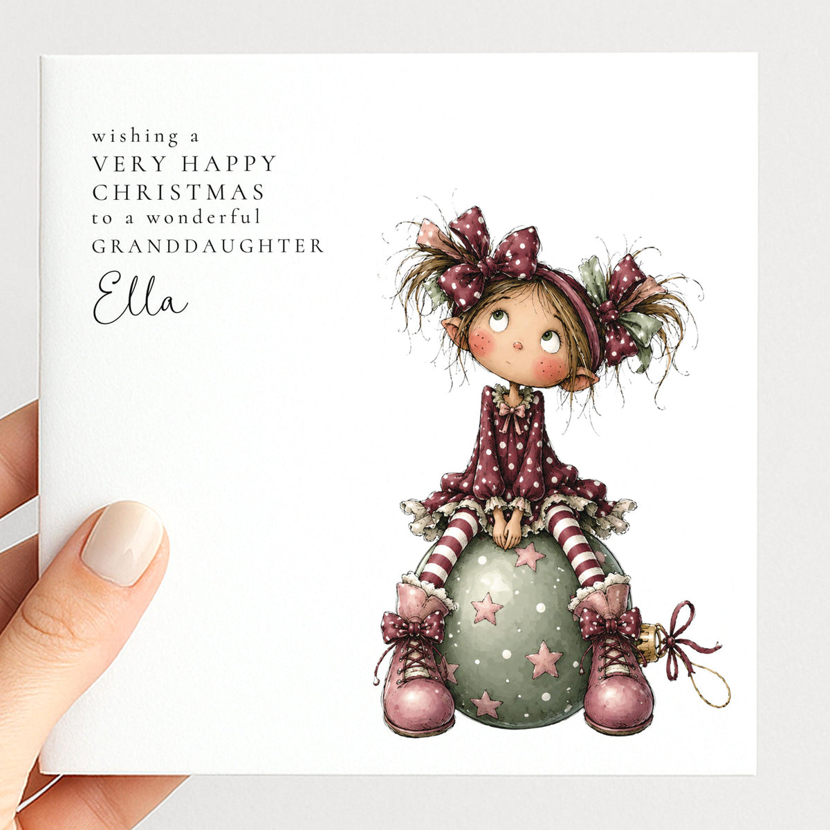 Personalised Christmas Card for Granddaughter , Whimsical Elf Girl on Bauble , Custom Name Card
