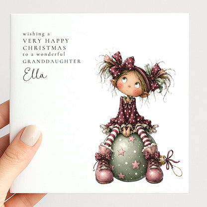 Personalised Christmas Card for Granddaughter , Whimsical Elf Girl on Bauble , Custom Name Card