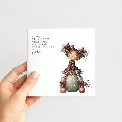 Personalised Christmas Card for Granddaughter , Whimsical Elf Girl on Bauble , Custom Name Card