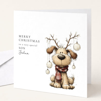 Personalised Christmas Card for Son , Cute Dog with Bauble Antlers , Custom Name Card