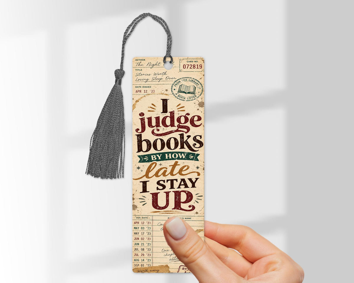 Book Lover Bookmark, 'I Judge Books By How Late I Stay Up', Vintage Library Card Wooden Bookmark, Reader Gift