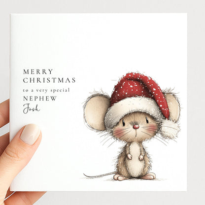 Personalised Christmas Card for Nephew , Cute Mouse in Santa Hat , Custom Name Card