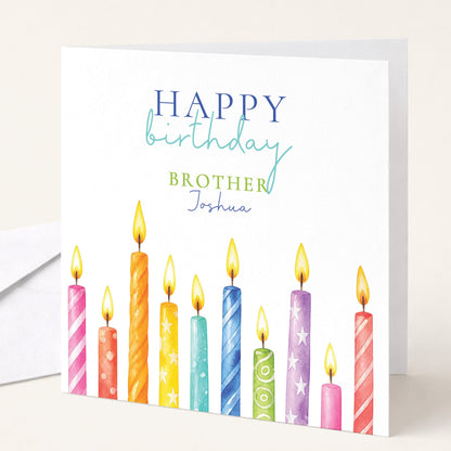 Brother Birthday Card, Happy Birthday Sibling Card with Candles, Personalised Birthday Card for HIm