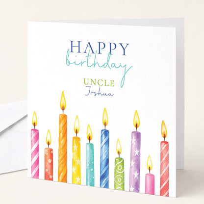 Uncle Birthday Card, Happy Birthday Family Card with Candles, Personalised Birthday Card for HIm