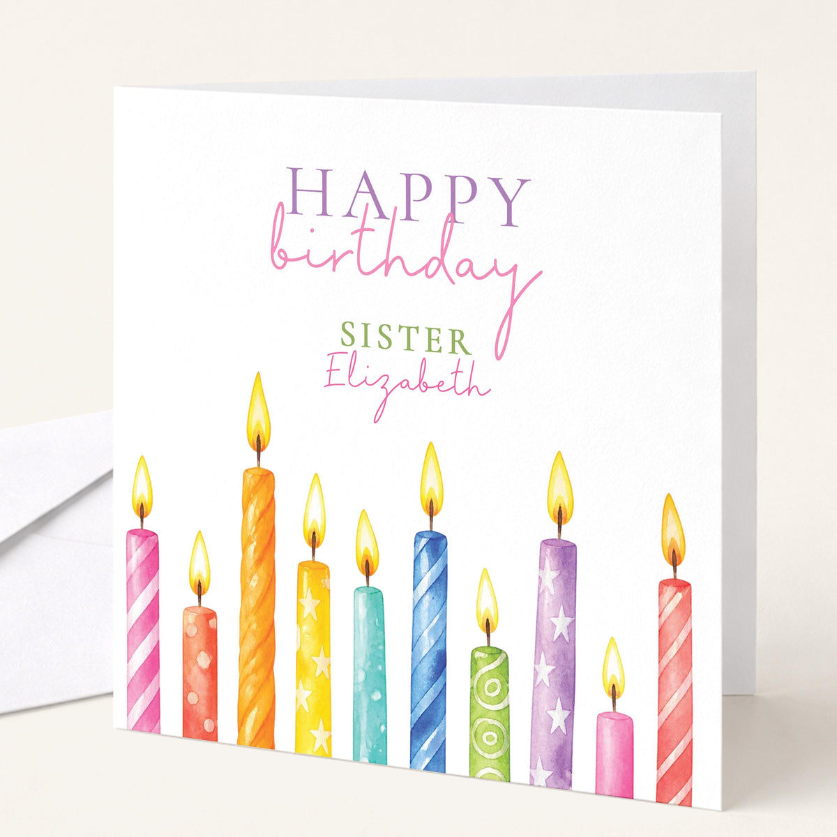 Sister Birthday Card, Happy Birthday Family Card with Candles, Personalised Birthday Card for Her
