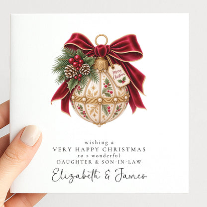 Personalised Daughter & Son-in-Law Christmas Card, Very Happy Christmas Card, Custom Names Bauble Christmas Card