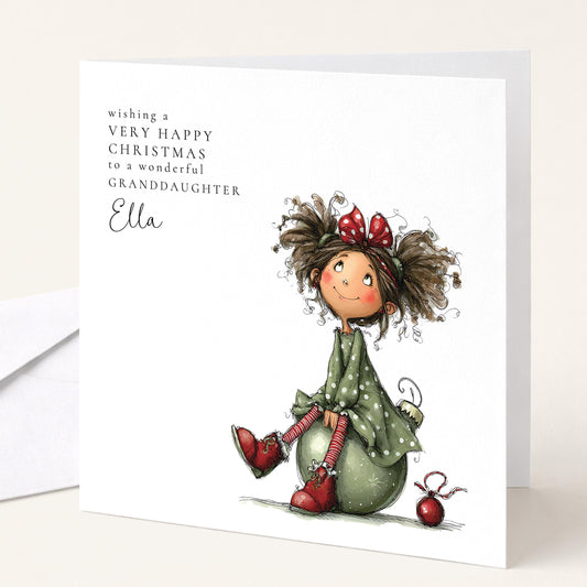 Personalised Christmas Card for Granddaughter , Whimsical Curly-Haired Elf Girl , Custom Name Card