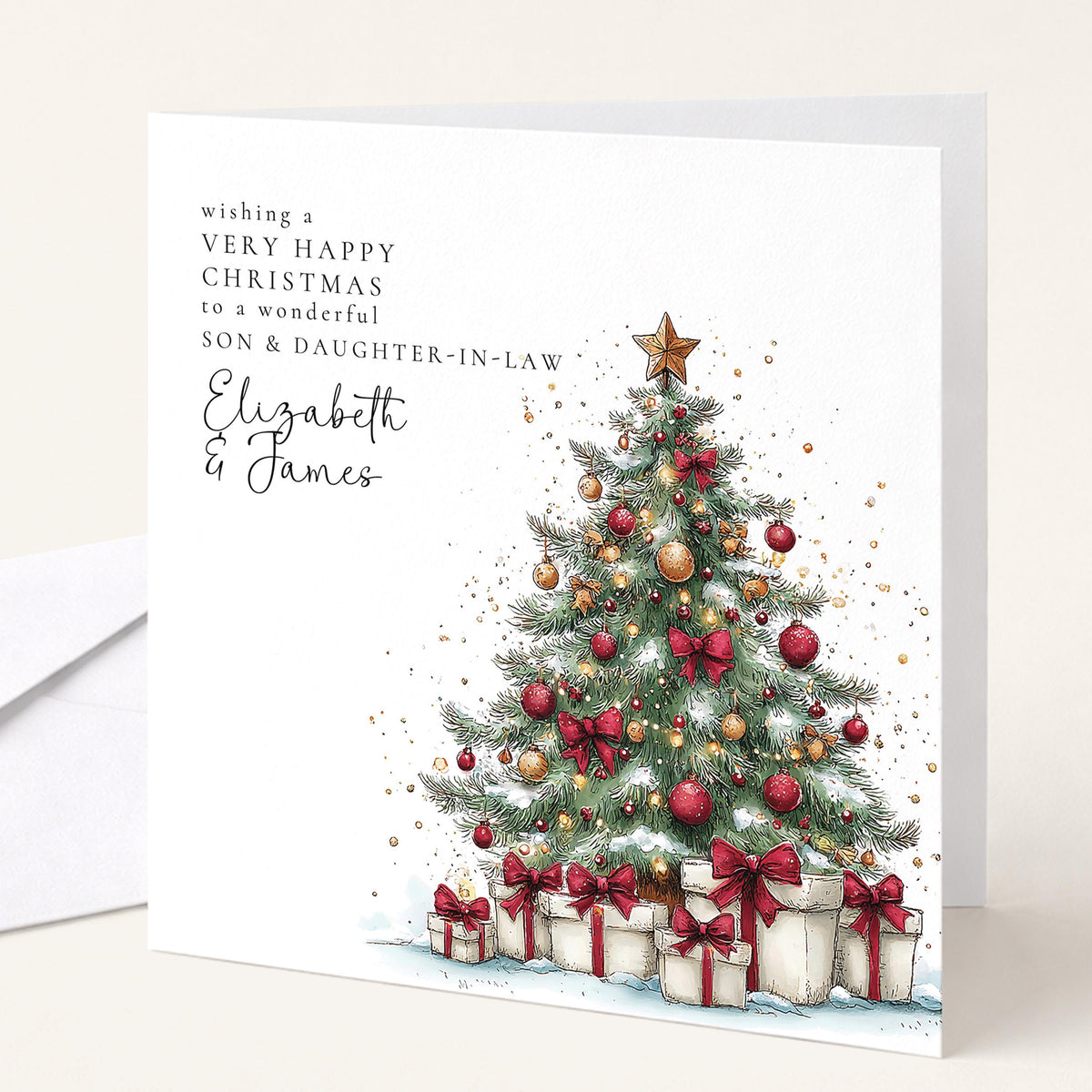 Personalised Christmas Card for Son and Daughter-in-Law , Christmas Tree Design , Custom Names Card