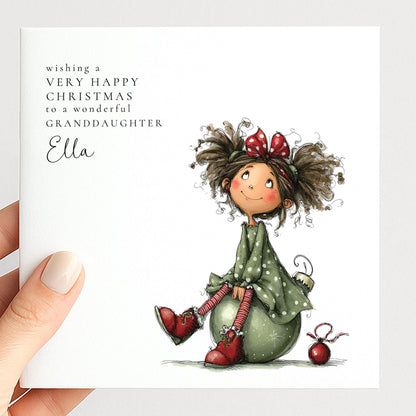 Personalised Christmas Card for Granddaughter , Whimsical Curly-Haired Elf Girl , Custom Name Card