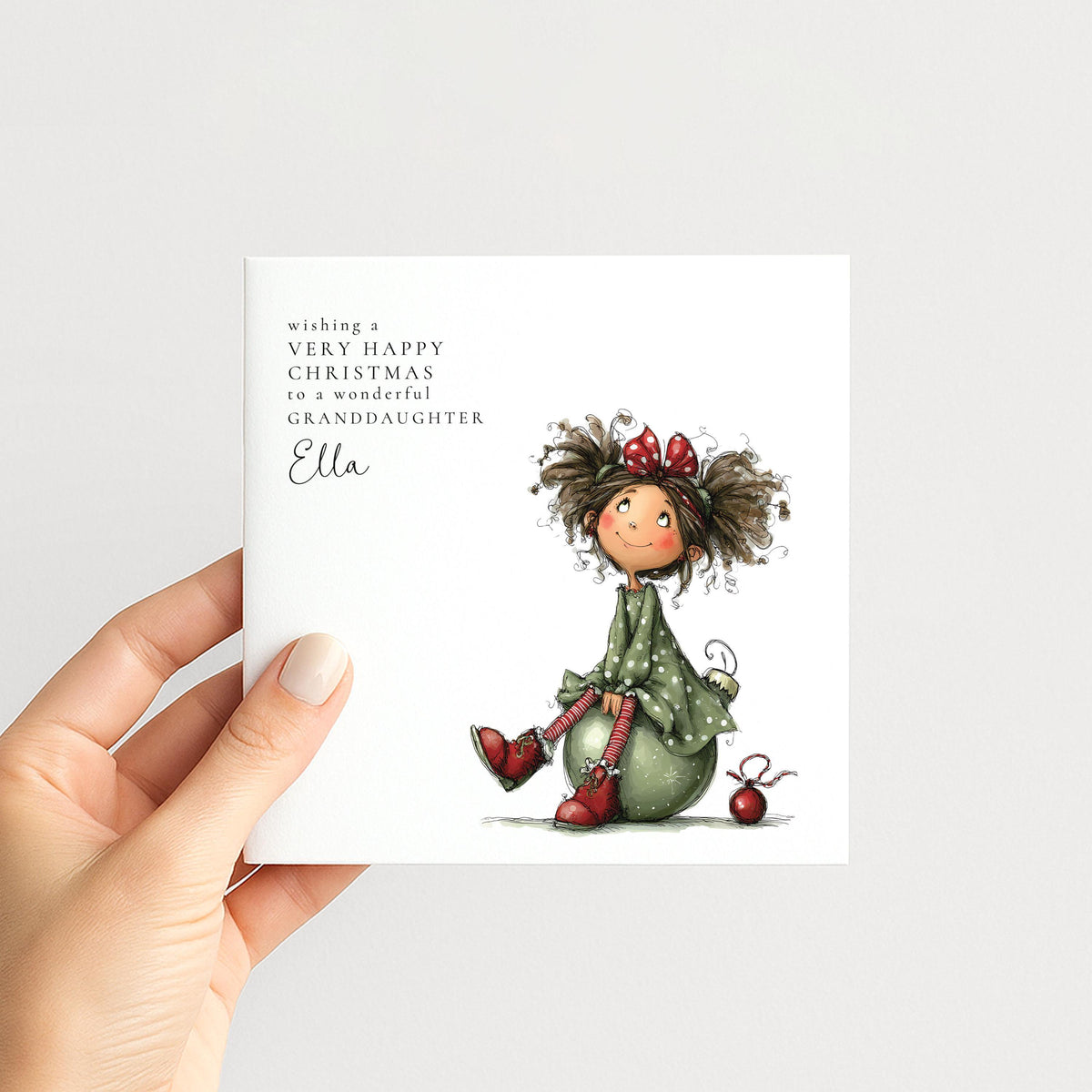 Personalised Christmas Card for Granddaughter , Whimsical Curly-Haired Elf Girl , Custom Name Card