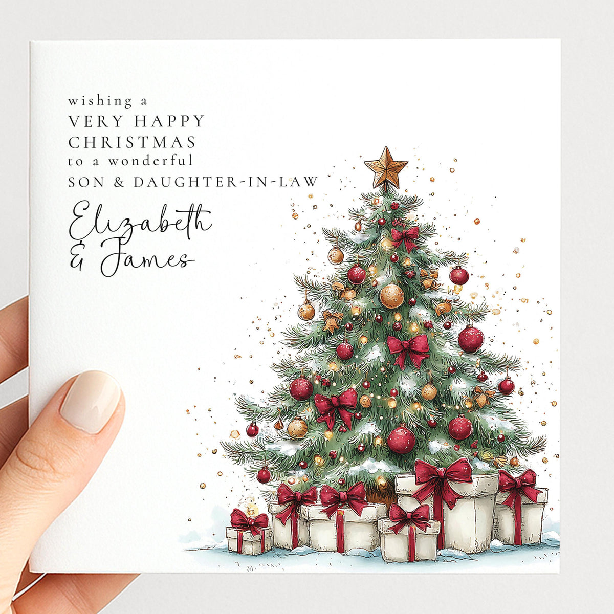 Personalised Christmas Card for Son and Daughter-in-Law , Christmas Tree Design , Custom Names Card