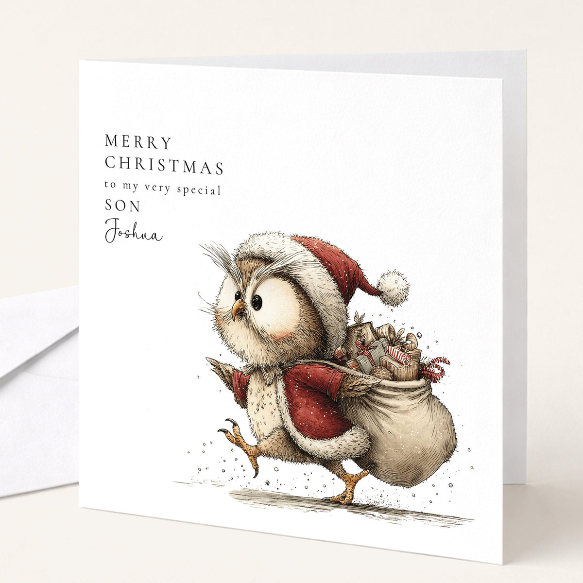 Personalised Christmas Card for Son , Owl Santa with Gift Sack , Custom Name Card