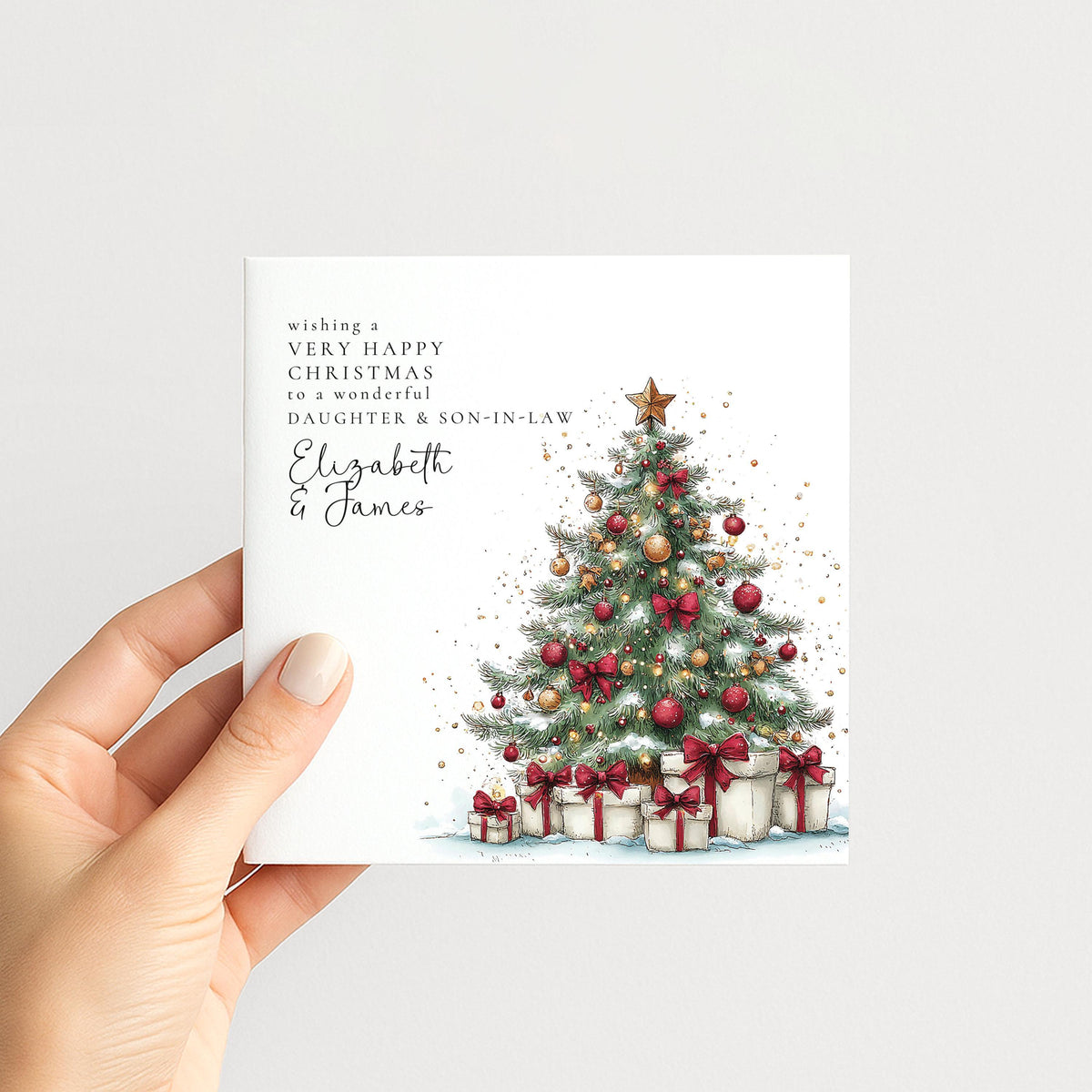 Personalised Christmas Card for Daughter and Son-in-Law , Christmas Tree Design , Custom Names Card