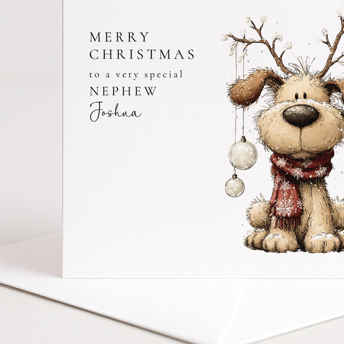 Personalised Christmas Card for Nephew , Cute Dog with Bauble Antlers , Custom Name Card