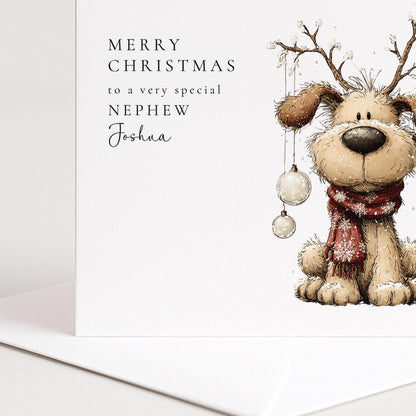 Personalised Christmas Card for Nephew , Cute Dog with Bauble Antlers , Custom Name Card