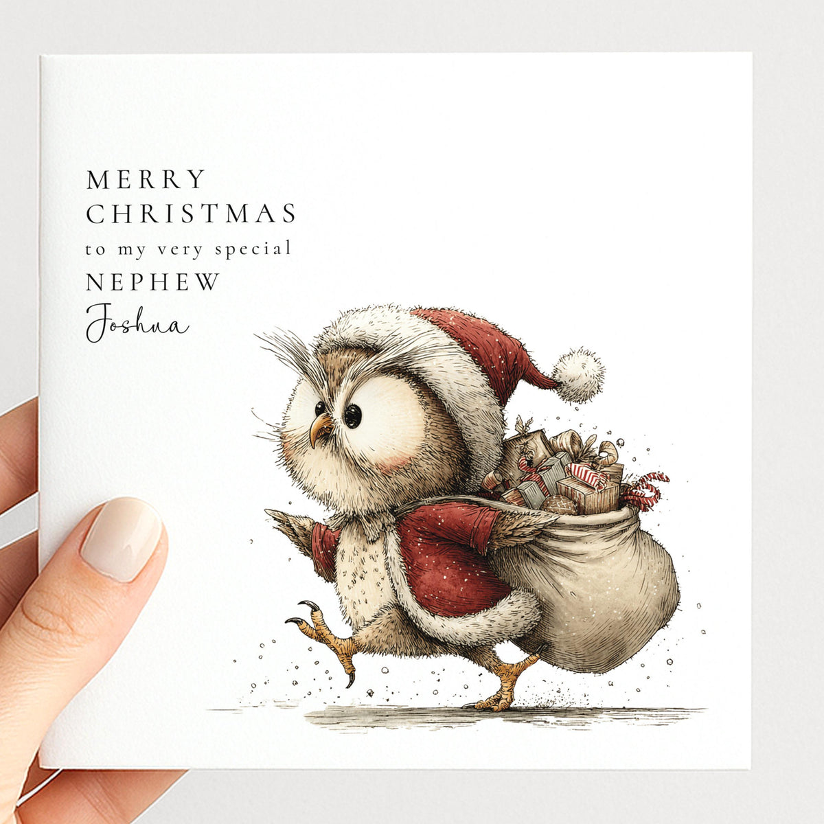 Personalised Christmas Card for Nephew , Owl Santa with Gift Sack , Custom Name Card