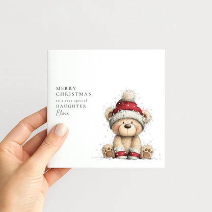 Personalised Christmas Card for Daughter , Cute Teddy Bear in Snow , Custom Name Card